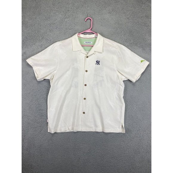 Tommy Bahama Shirt Mens XL‎ White NY Yankees MLB Embroidered Silk Button Up Rare - Picture 1 of 11